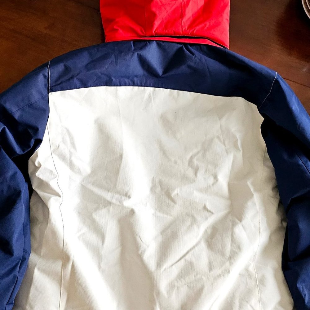 Kids Water resistant Jacket size 8 Red, White and Blue Reflective Strips design